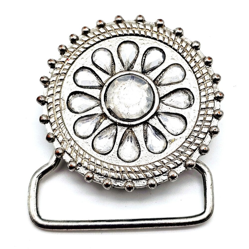Western Silver-Tone Concho Belt Buckle Snap-On – Crystal Flower Design, 2.25”